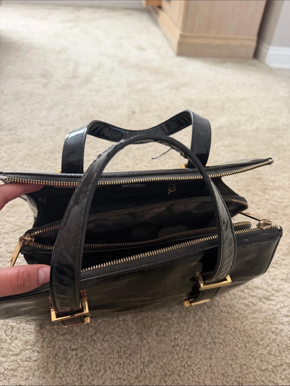 Ted Baker Black Patent Mini Top-Handle Satchel with Gold Hardware